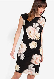 Black Floral Ruche Side Dress