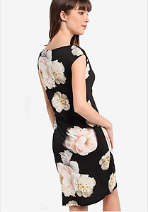 Black Floral Ruche Side Dress
